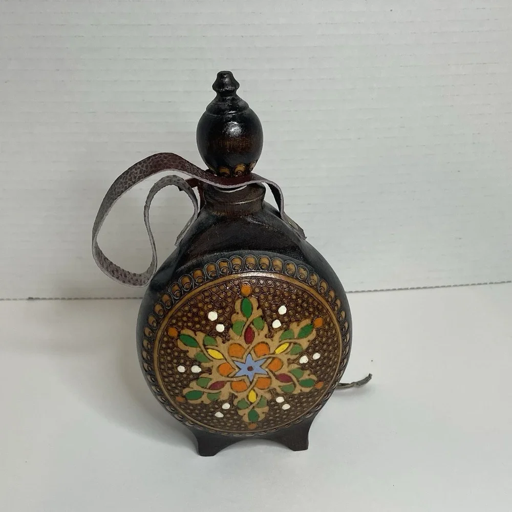 Vintage Handmade Folk Pyrography Wood Flask Eastern European